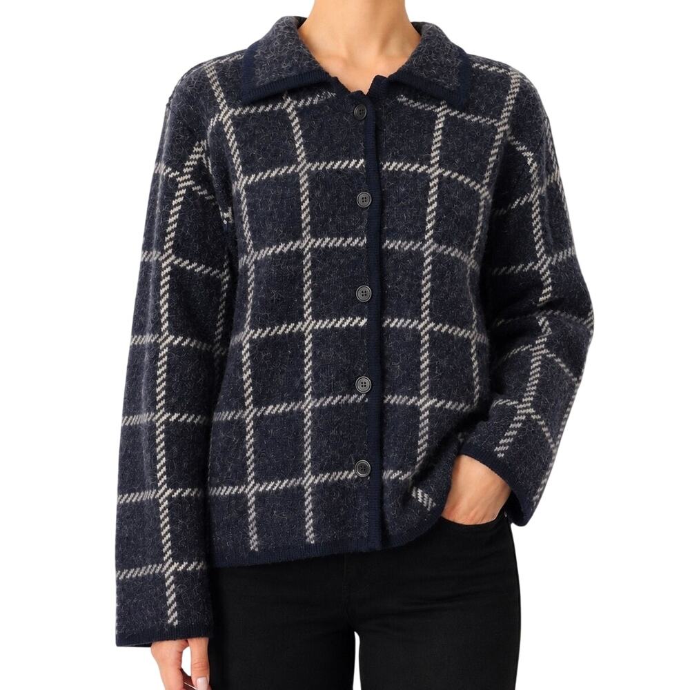 Talbots Sz Large 100% Pure Wool Navy Blue Knit Long Sleeve Sweater Jacket Top